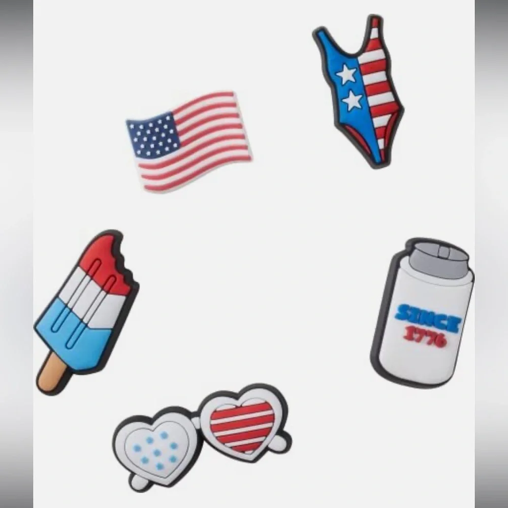 NWT Crocs Jibbitz Kids Patriotic 5 Piece Se 4th of July USA Red White & ‎ Blue